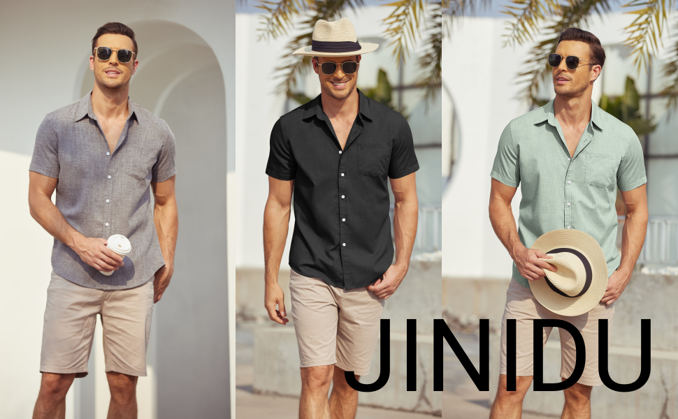 JINIDU Men Linen Shirts Short Sleeve Button Down Shirts Beach Casual Dress Shirt