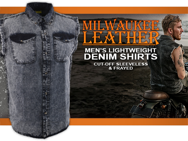 milwaukee leather mens cotton denim sleeveless shirt for bikers casual wear frayed cut off sleeves