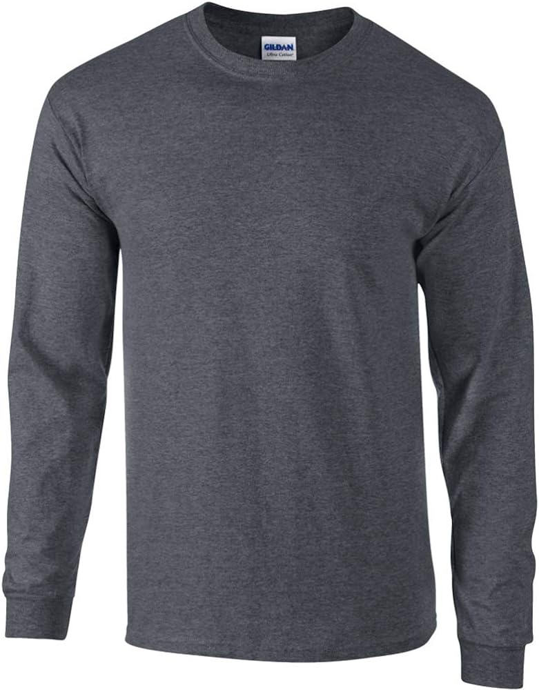 Gildan Mens Plain Crew Neck Ultra Cotton Long Sleeve T-Shirt (S) (Dark Heather)