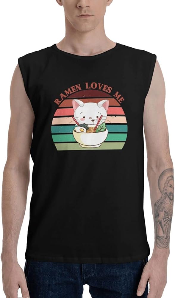 Kawaii Anime Cat Japanese Ramen Noodles Tank Tops Man's Muscle Tee Sleeveless Tank Tops