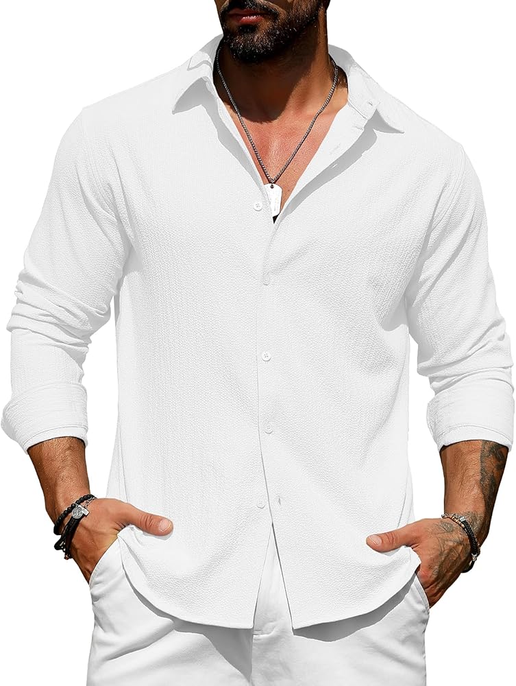 URRU Men's Casual Shirt Long Sleeve Wrinkle-Free Seersucker Button Down Dress Shirt for Men Summer Beach Wedding Shirt