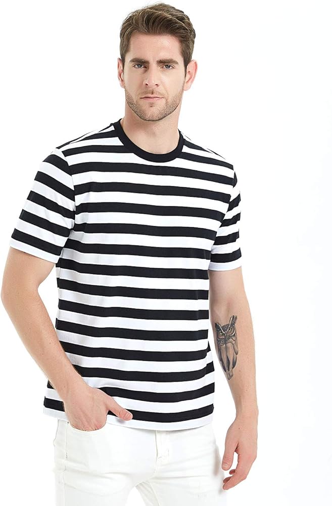 Casual Shirts Mens Short Sleeve Striped Black White Cotton Spandex Summer Holiday Travel Basic Pullover Crew Shirt