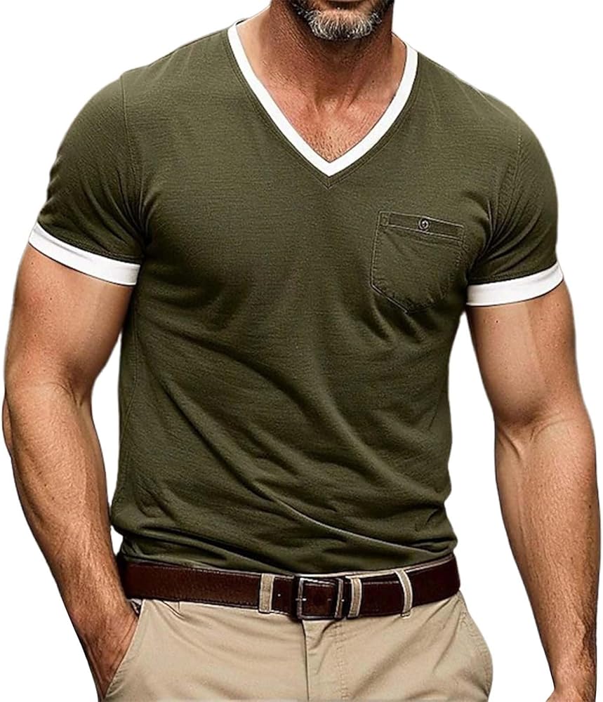 Mens Fashion V Neck T Shirt Muscle Fit Short Sleeve Sport Casual Tee Shirt Colorblock Stylish Workout Tee with Pocket