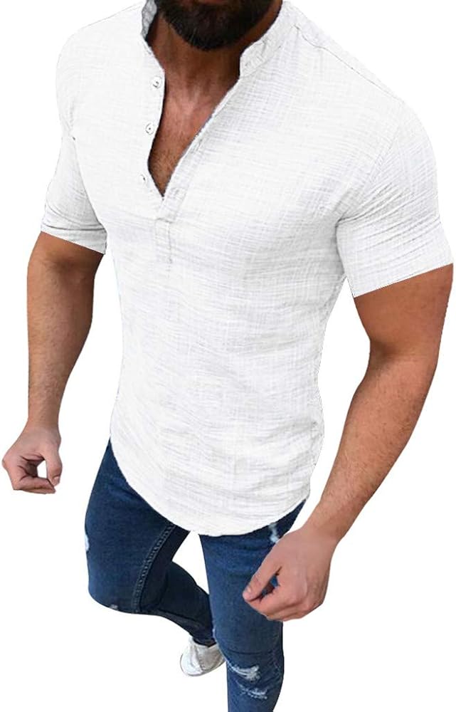 Henley V-Neck T-Shirts Linen Cotton Button Up Beach Yoga Tops Casual Short Sleeve Collar Plain Shirt