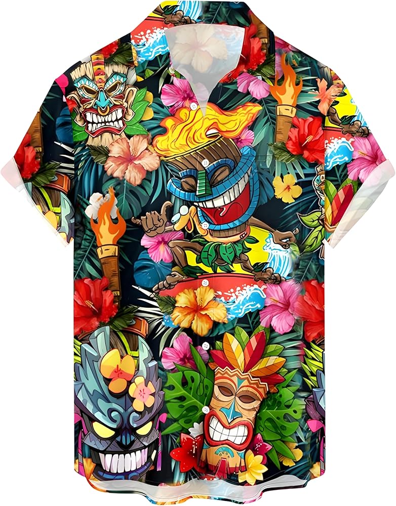 Button Down Shirt Men Rock and Roll Punk Print Pocket Lapel Hawaiian Casual Loose Short Sleeve Shirt Funky Aloha 6XL