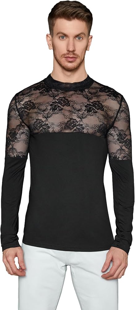 WDIRARA Men's See Through Floral Lace Mock Neck Long Sleeve Casual Tee Shirt Top