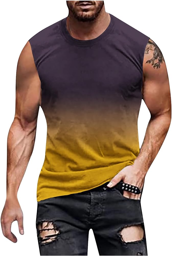 Summer Tank Top for Men Sleeveless Shirts Gradient Color Breathable T Shirt Round Neck Leisure Active Pullover Tops