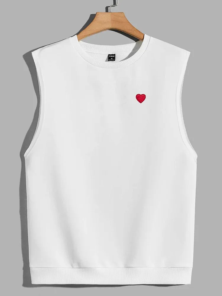 Men's T-Shirts Men Heart Patched Tank Top Men's T-Shirts (Color : White, Size : Medium)