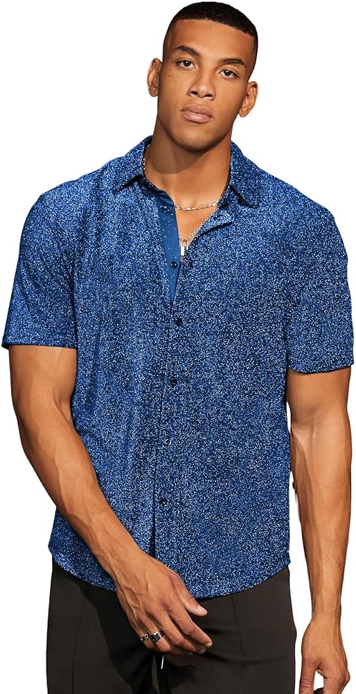 Verdusa Men's Glitter Button Down Shirt Short Sleeve Tops