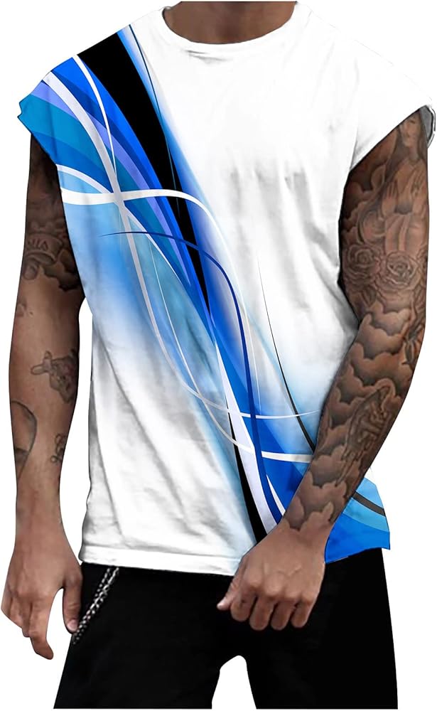 Men's Summer Tops Gradient Graphic Tank Tops Loose Fit Cap Sleeve Shirts Crew Neck Athletic Tshirts Sportswear