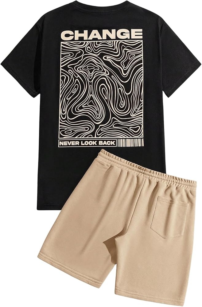 SOLY HUX Men's 2 Piece Outfits Letter Graphic Short Sleeve Tee and Drawstring Shorts Summer Sets