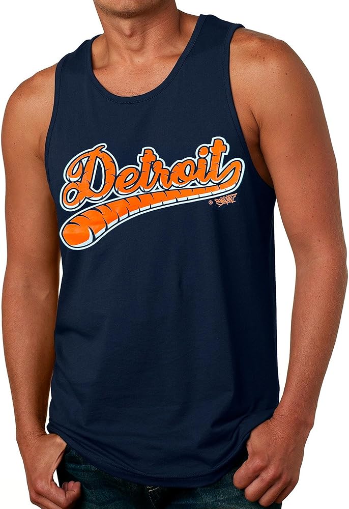 Detroit Tiger Tail Baseball Script Perfect Blend Navy Soft Style Tank Top