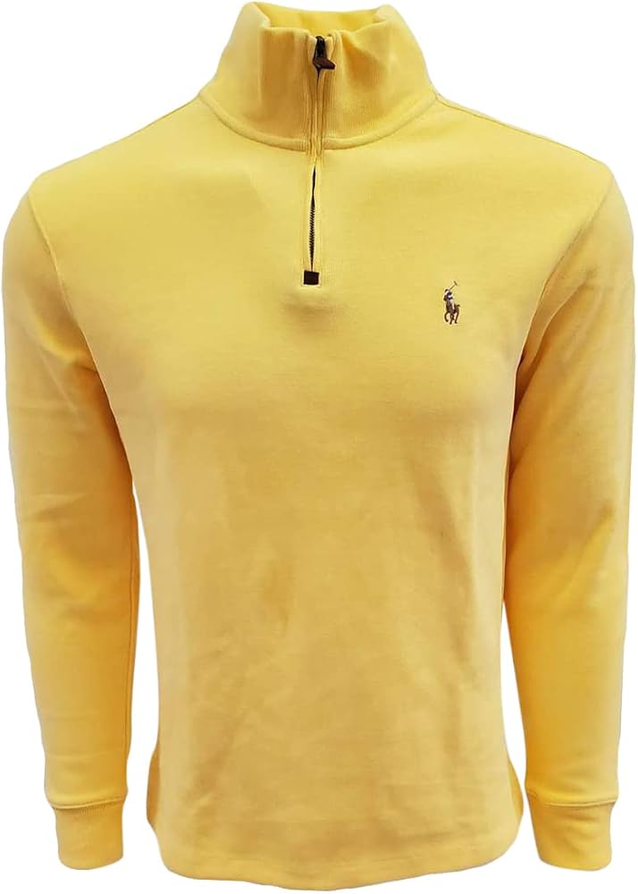 POLO RALPH LAUREN Men Half Zip French Rib Cotton Sweater (X-Large Yellow (Multi-Colored Pony)