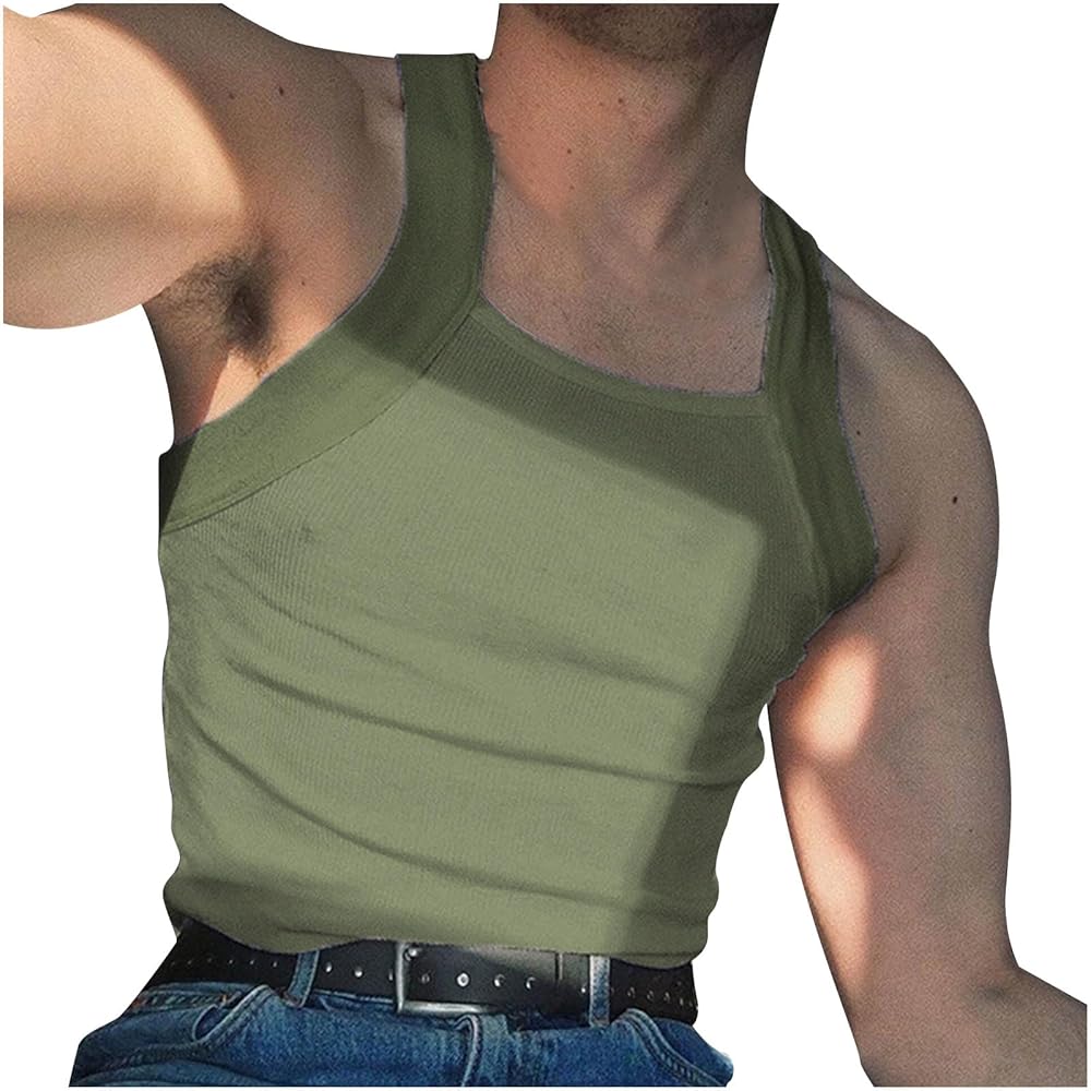 Men's Square Cut Knit Tank Tops Square Neck Solid Color Sleeveless Shirts Casual Slim Fitted Muscle Tops