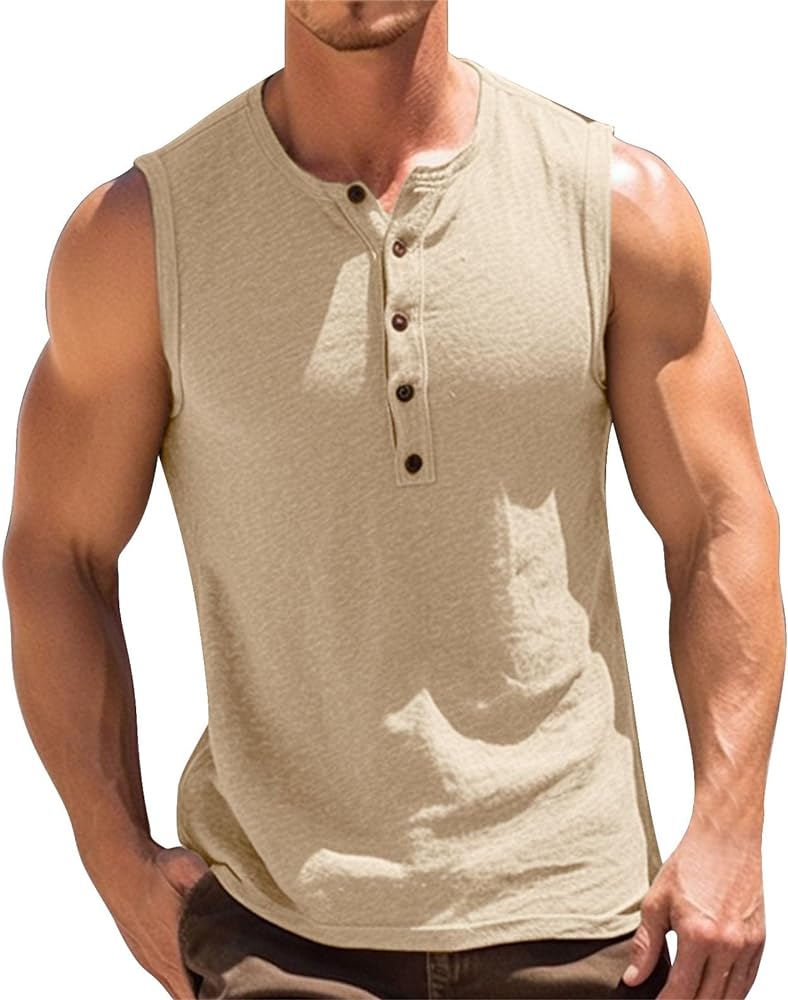 Mens Workout Tank Tops Athletic T Shirts Sleeveless Henley Shirts Muscle Slim Fit Gym Running Tops Summer Casual