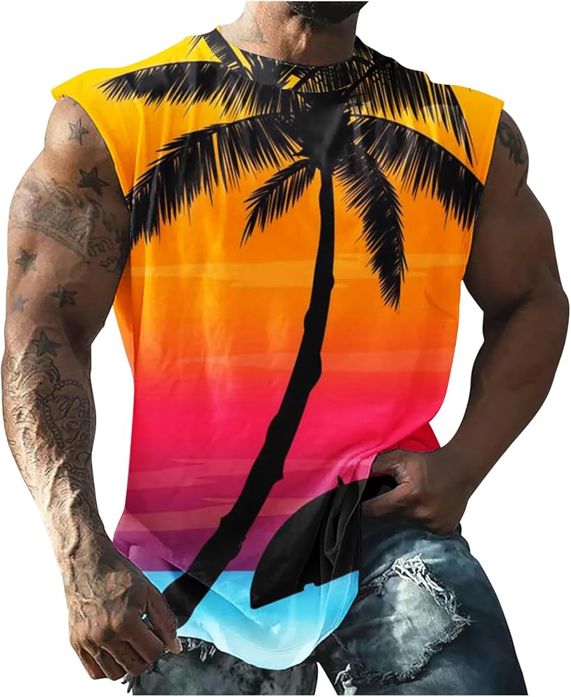 Funny Print Graphic Tee Shirts Mens Summer Casual Loose Sleeveless Crew Neck Tank Tops Hawaiian Beach Vest Tank