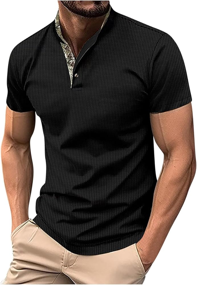 Mens Band Collar Neck Shirts Short Sleeve Beach Basic T Shirts Casual TShirt Classic Modern Fit Tops Holiday Vacation