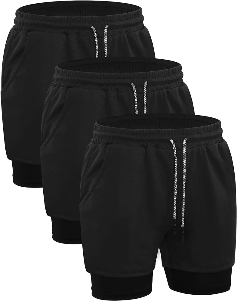 3 Pcs Men's 2 in 1 Workout Running Shorts Athletic Gym Shorts with Liner Quick Dry Shorts with Side Pockets and Towel Loop