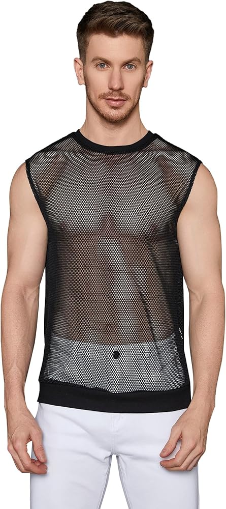 WDIRARA Men's Sheer Mesh Sleeveless Round Neck Tank Top See Through Party Shirts