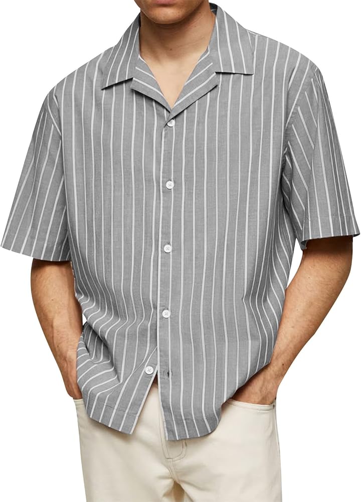 Men's Short Sleeve Button-Up T-Shirt Striped Dress Shirts V Neck Hawaiian Shirt Summer Beach Tops for Men