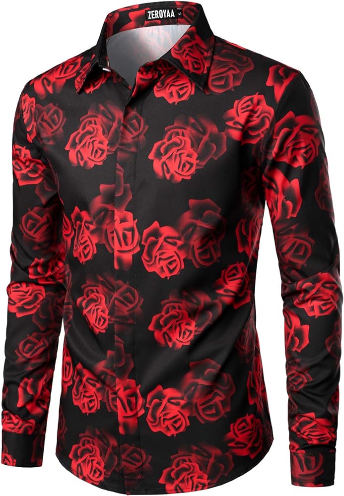 ZEROYAA Men's Hipster 3D Printed Polyester Slim Fit Long Sleeve Button Down Floral Dress Shirts