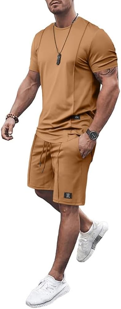 JMIERR Mens 2 Piece Outfits Casual T Shirts Short Sets Summer Tracksuits and Athletic Matching Set with Pockets