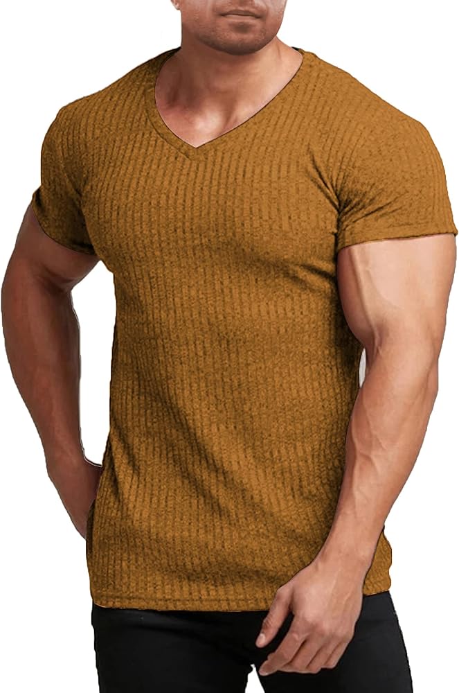 COOFANDY Men's Muscle T Shirts Stretch Short Sleeve V Neck Bodybuilding Workout Tee Shirts Ribbed Knit Shirt