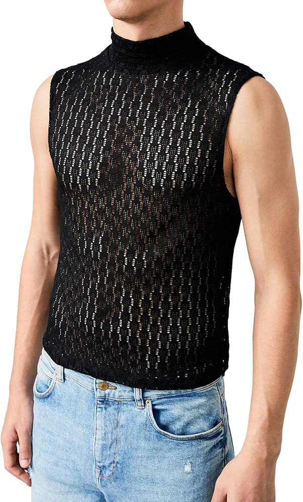 WDIRARA Men's Cut Out Contrast Mesh Rib Knit Tank Top Sleeveless Tops High Neck Party Shirt