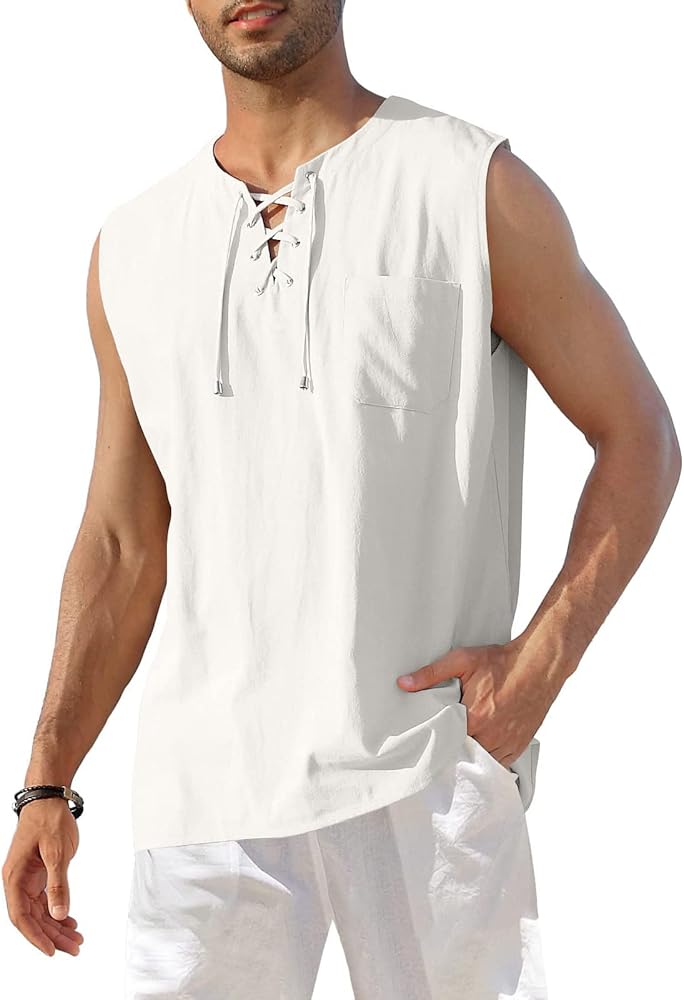 Mens Cotton Linen Tank Top Solid Sleeveless Tee Shirt Lightweight Button Up Sim Fit Tee Shirt