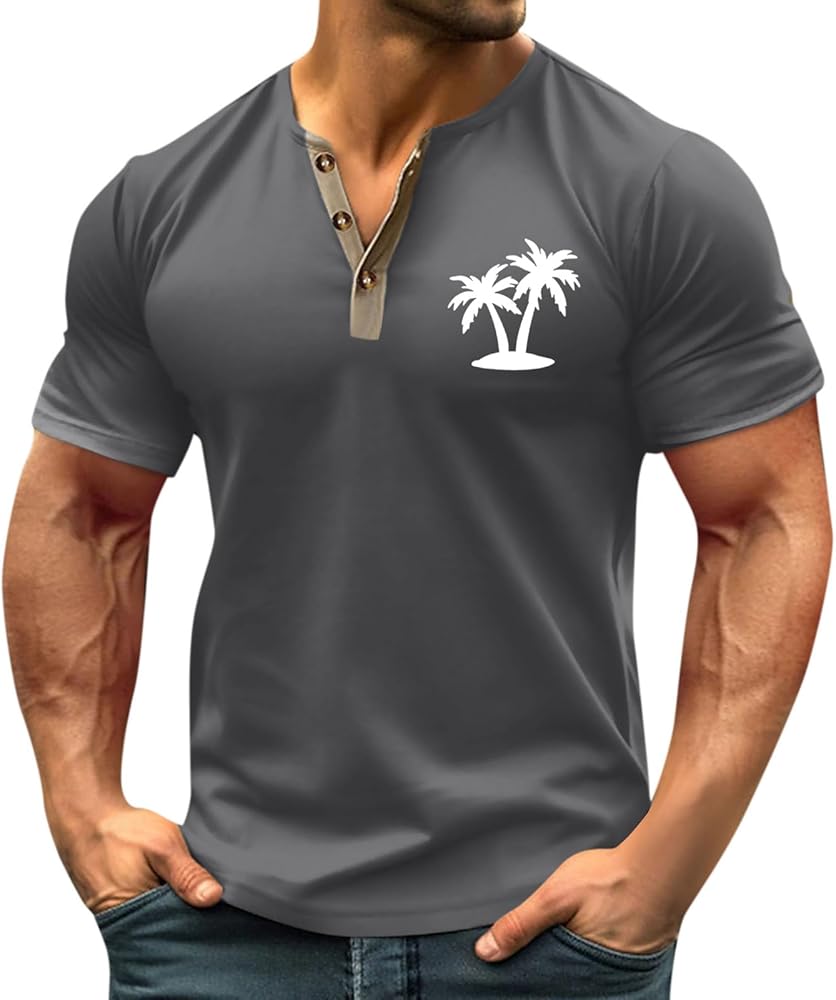 Men's Summer Vintage Printed Round Neck Henley Shirt Button Down Short Sleeve Slim Fit Muscle T-Shirt Tee Crop Tops