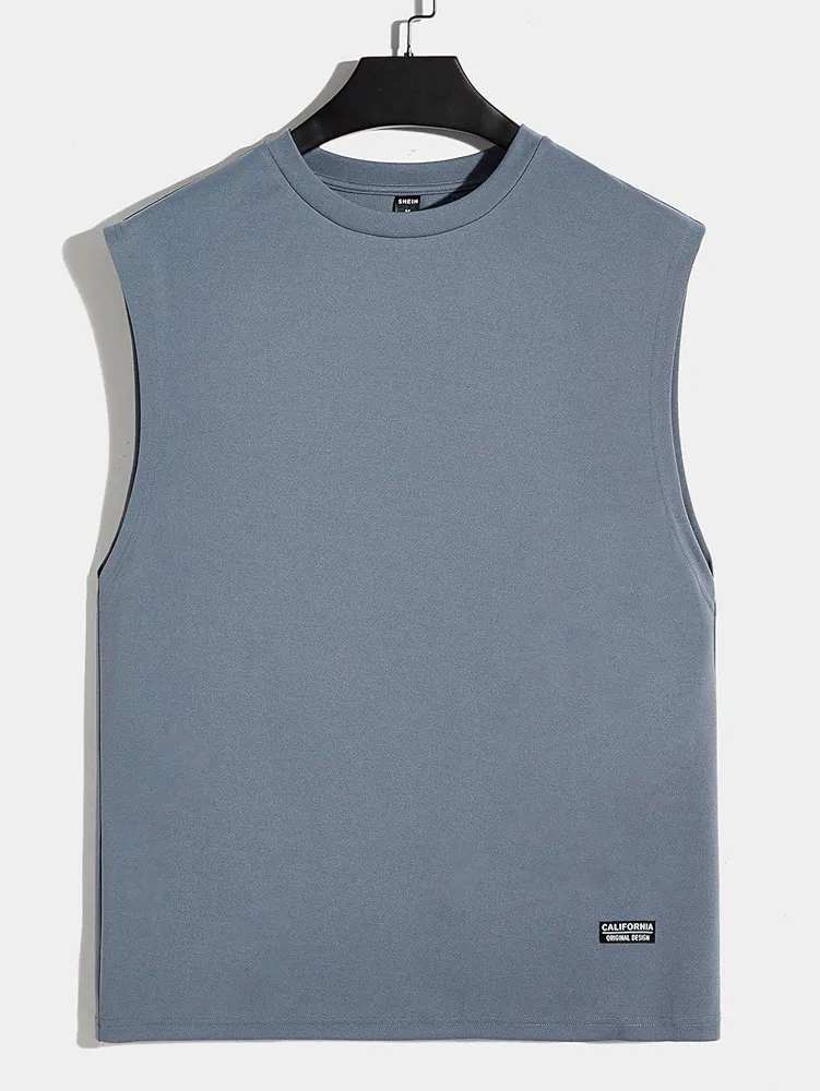 Men's T-Shirts Men Letter Patched Detail Tank Top T-Shirts for Men (Color : Dusty Blue, Size : Large)