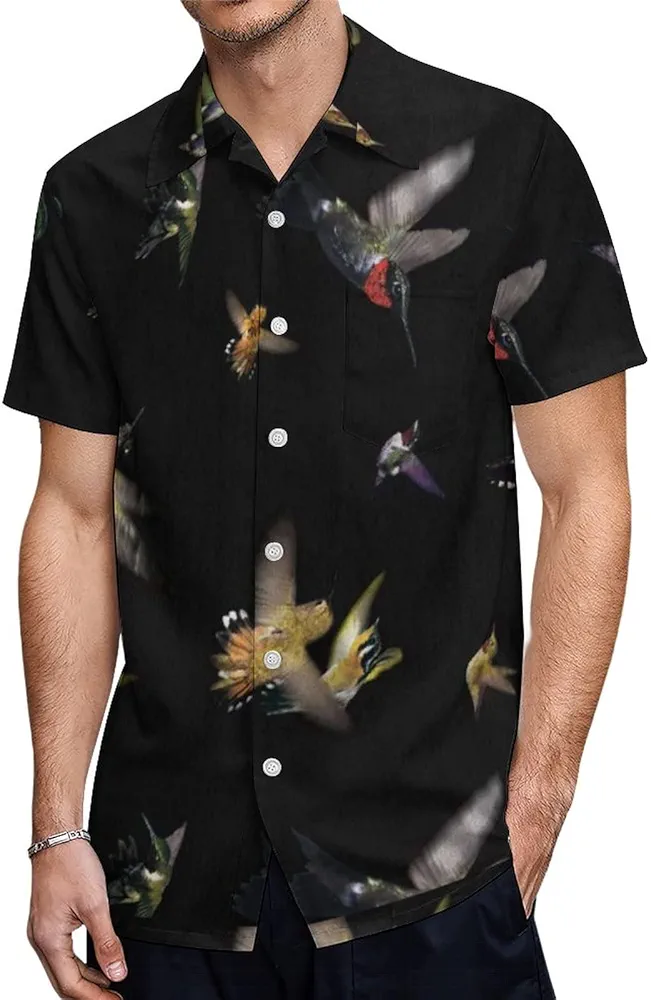 Hummingbird Black Night Men's Short Sleeve Shirt Casual Loose Button Down Shirts for Work Beach Vacation