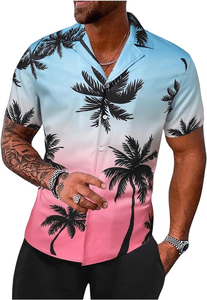 Men's Short Sleeve Button Down Shirts Hawaiian Tropical Collared Beach Vacation Casual Dress Shirts