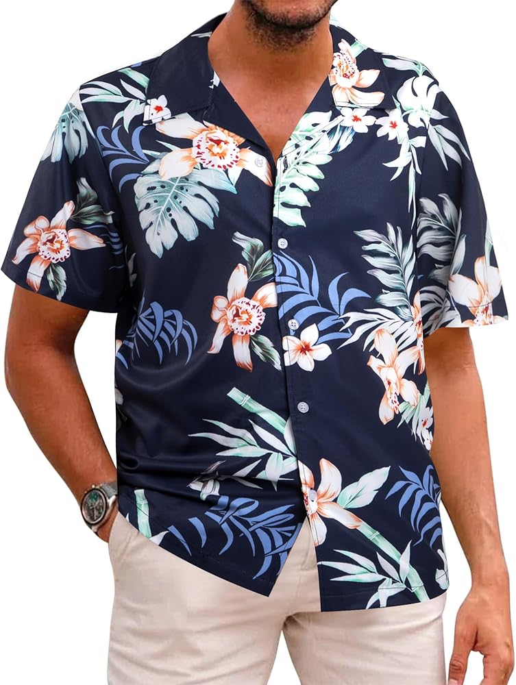 Hawaiian Shirt Men Floral Stripe Button Aloha Shirts Summer Beach Matching Casual Oufit Tropical Short Sleeve Top Tees