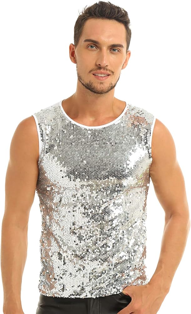 YiZYiF Men's Sequins Sleeveless Fitted T-Shirt Training Basic Tank Top Clubwear