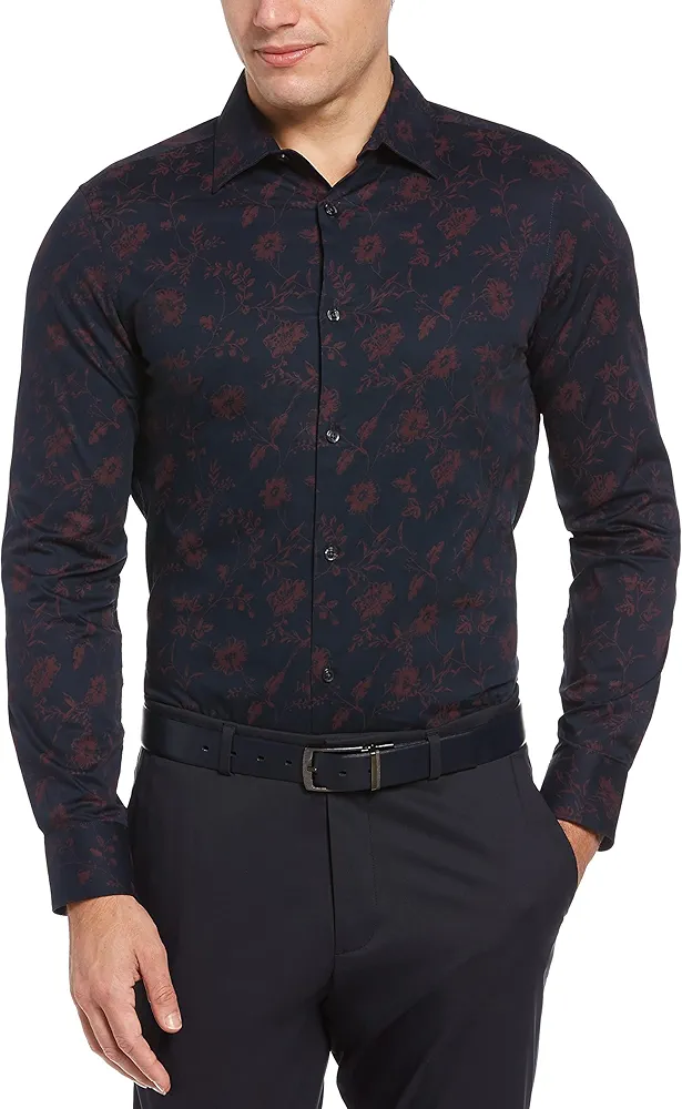 Perry Ellis Men's Standard Slim Fit Floral Stretch Long Sleeve Button-Down Shirt, Dark Sapphire, XX Large