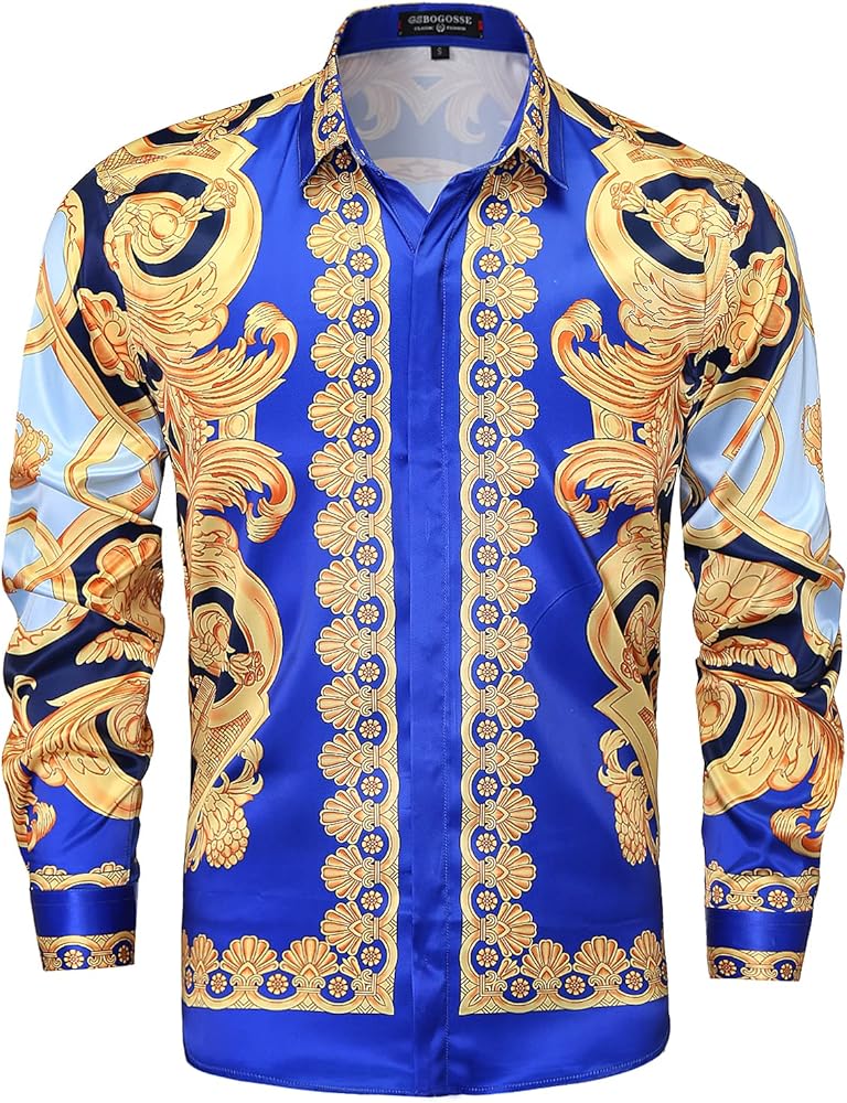 Men Floral/Golden Lion/Paisley/Fashion Luxury Printed Dress Shirts Long Sleeve Button-Down retro gorgeous design Shirts