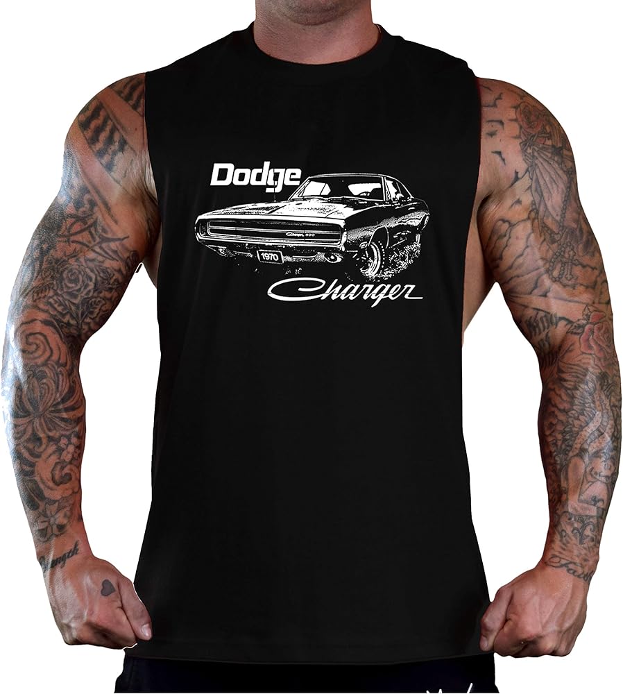 Men's White Dodge Charger 1970 Black Deep Cut T-Shirt Tank Top