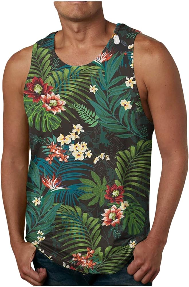 Sleeveless Tops for Mens Summer Trendy 3D Tropical Floral Tank Top Holiday Vacation Casual Hawaii Beach Tees Shirts