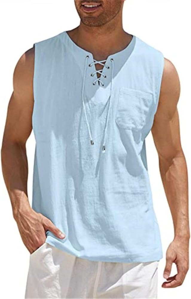 New Men's Tank Top Shirt Strap Fashion Solid Color Cotton and Hemp Short Sleeve T-Shirt