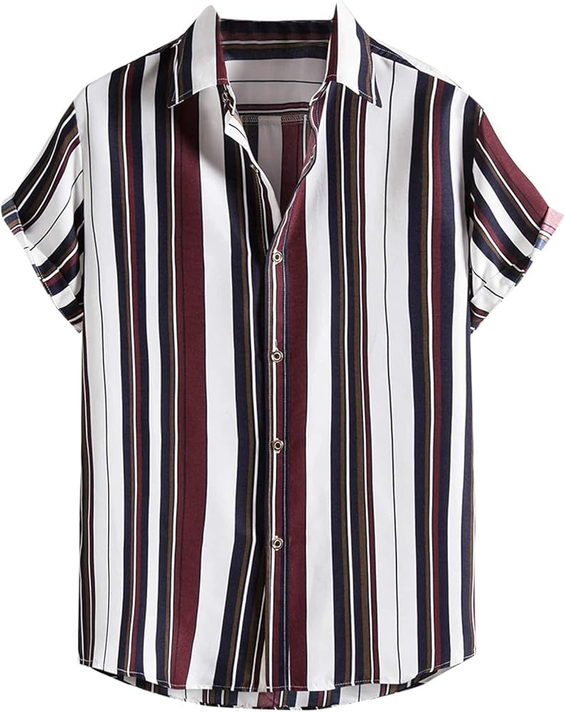 MakeMeChic Men's Striped Print Button Front Short Sleeve Curved Hem Shirt Multi Red XL