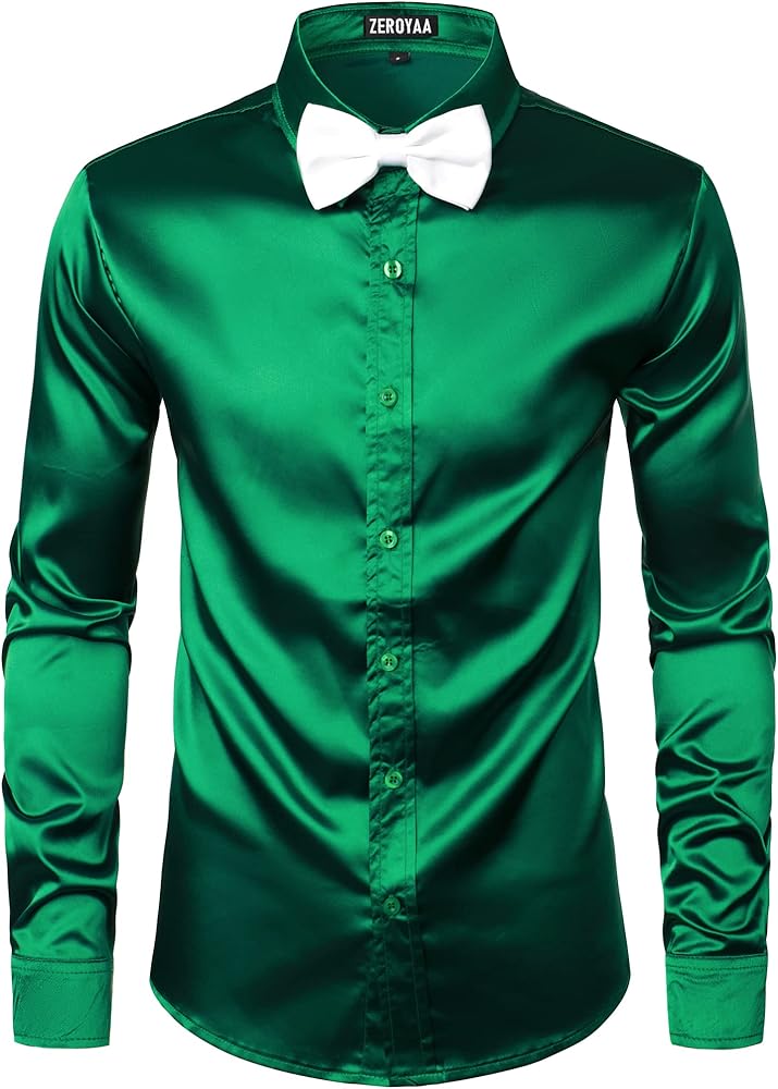 ZEROYAA Men's Luxury Shiny Silk Like Satin Button Up Dress Shirts