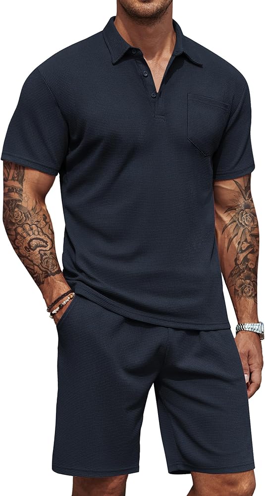 COOFANDY Men's Waffle Knit Polo Shirt and Shorts Set 2 Pieces Outfits Summer Suit Casual Tracksuit with Pockets