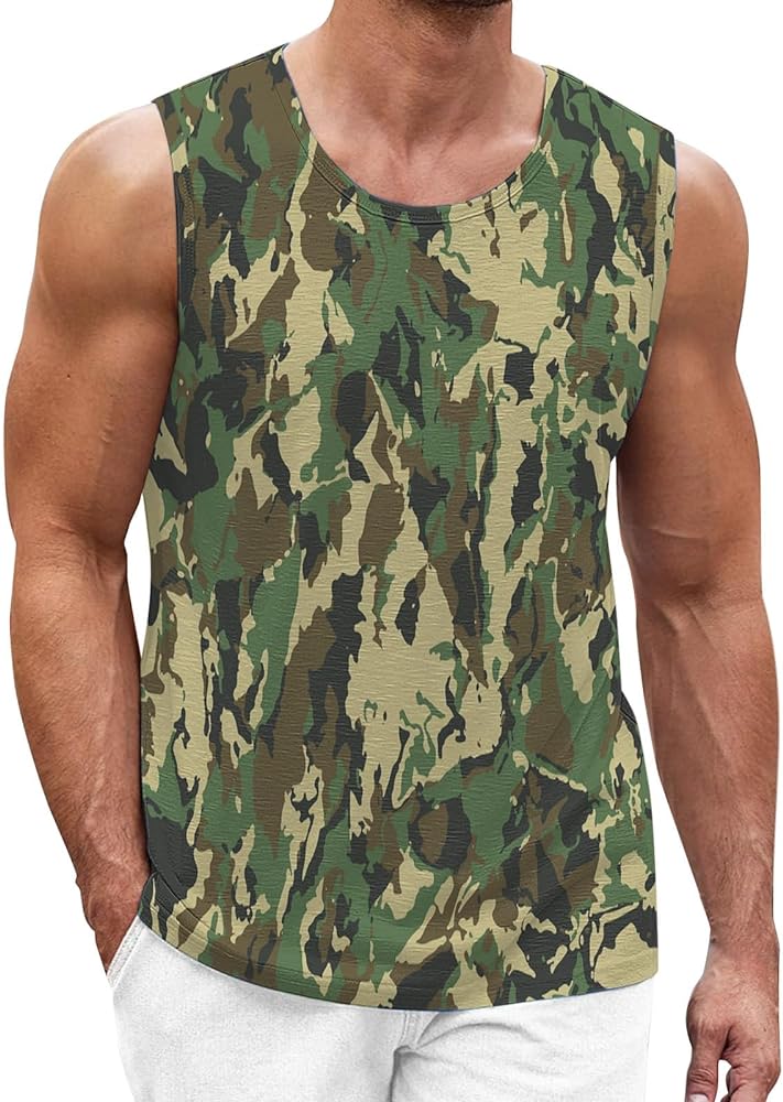 Trendy Camo Sleeveless T-Shirts for Men Crewneck Athletic Tank Top Performance Sports Active Muscle Tees Summer Beach Clothes