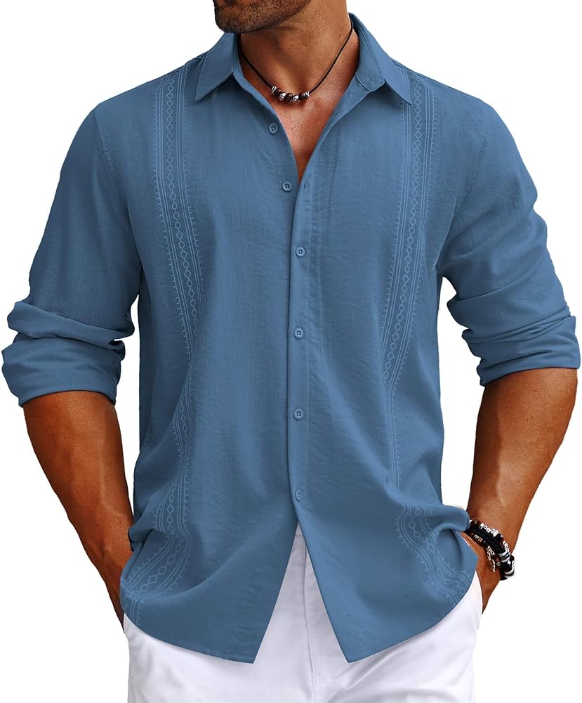 COOFANDY Men's Cuban Guayabera Shirt Long Sleeve Casual Button Down Shirts Beach Linen Shirt