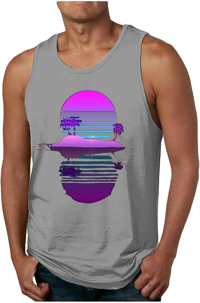 Muscularfit Men Tank Top Summer Causal Sleeveless Print Graphic Tee Shirt Hawaiian Beach Crewneck Top Pullover Trendy Clothes