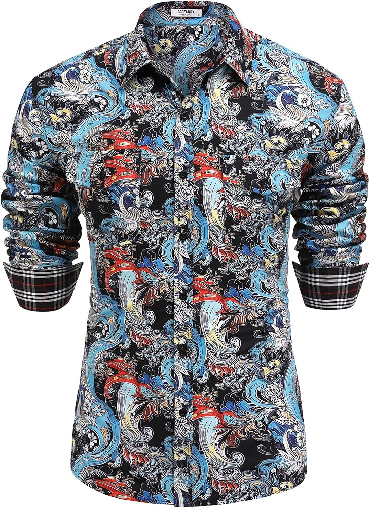 COOFANDY Mens Paisley Printed Shirts Casual Long Sleeve Button Down Shirts Floral Dress Shirt with Pockets