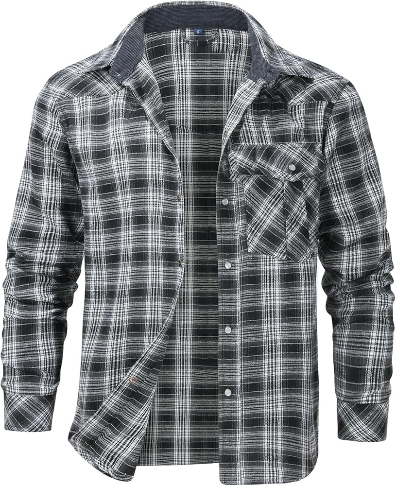 Flygo Men's Flannel Shirts Pearl Snap Long Sleeve Checkered Western Cowboy Brushed Plaid Regular Fit Shirt