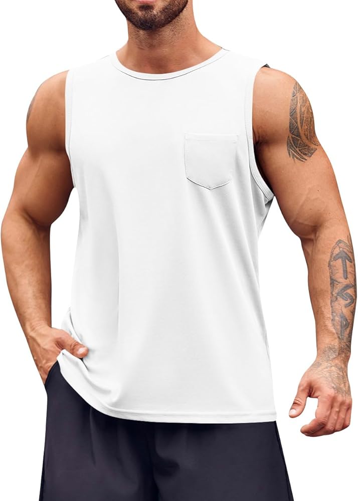 Runcati Mens Sleeveless Workout Tank Tops Athletic Muscle Gym T Shirts with Pockets