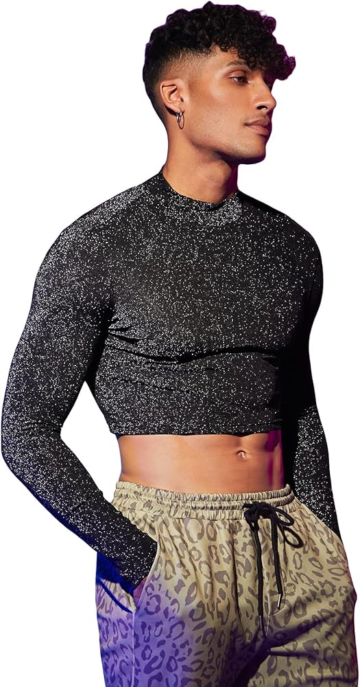 WDIRARA Men's Glitter Mock Neck Long Sleeve Tee Tops Solid Slim Fit Party Crop Top